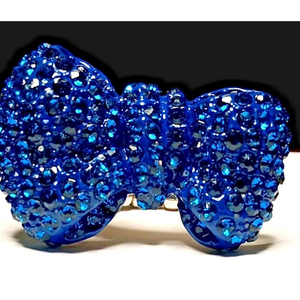 Vintage Blue Bow Ring Stretch Band Silver Tone Rhinestone Enamel Statement